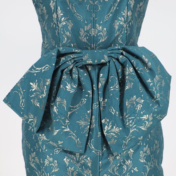 ALTAR'D STATE Brocade Jacquard Bow Tie Mini Dress Teal Gold Metallic Size M - Picture 6 of 8